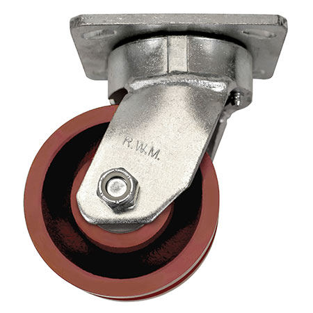 Side view of swivel caster with red wheel